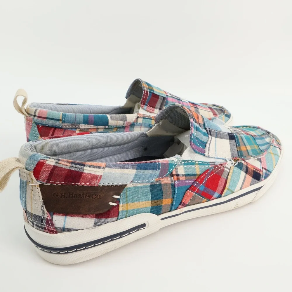 GH Bass Olsen Mens 10.5 M Plaid Patchwork Canvas Slip On Loafers Shoes‎